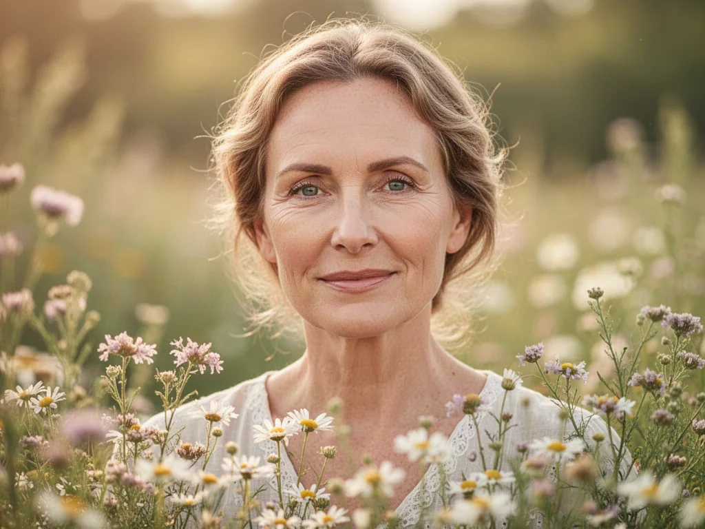 Portret łagodnej kobiety otoczonej polnymi kwiatami w słonecznym ogrodzie, podkreślający delikatność i naturę.