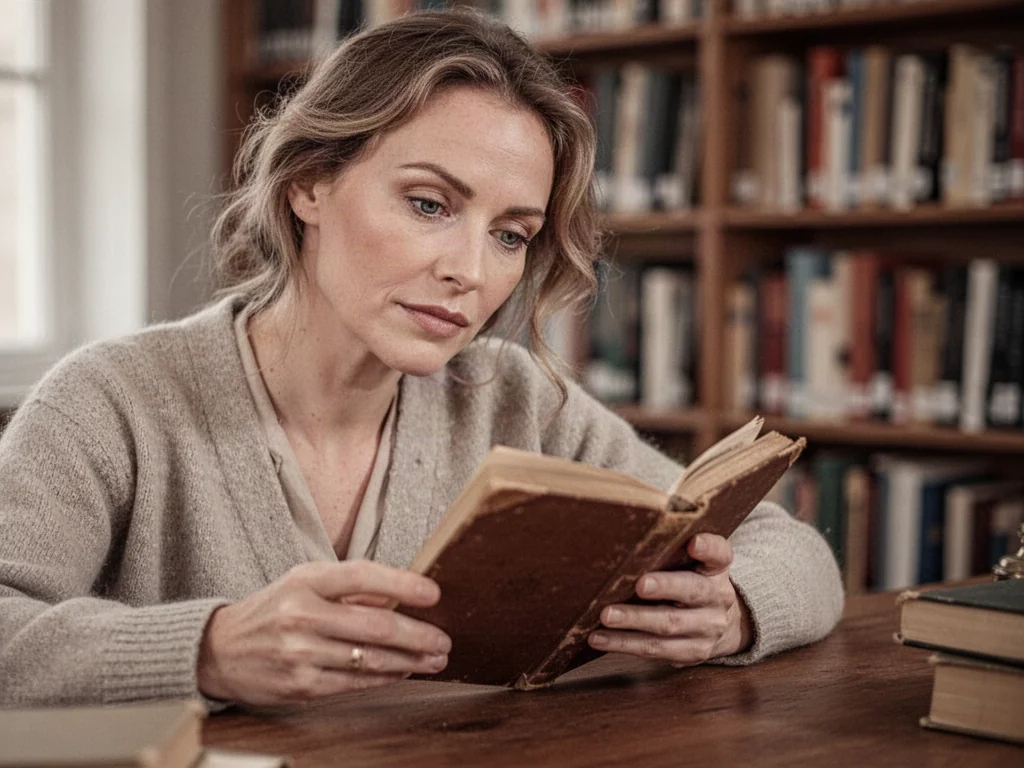 Kobieta w bibliotece zamyślona nad notatnikiem, co podkreśla literacki i edukacyjny charakter artykułu o odmianie imienia.