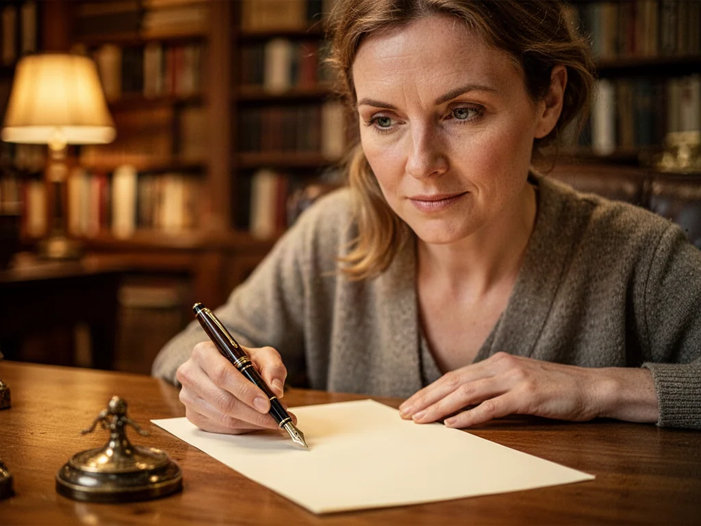 Kobieta siedząca przy biurku z piórem wiecznym i czystą kartką papieru, przygotowująca się do pisania w przytulnej bibliotece.