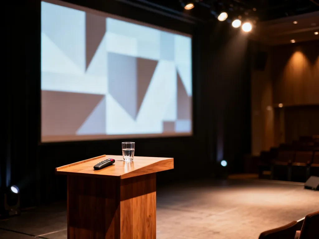 Nowoczesna mównica na oświetlonej scenie konferencyjnej, gotowa na wystąpienie prelegenta bez slajdów.