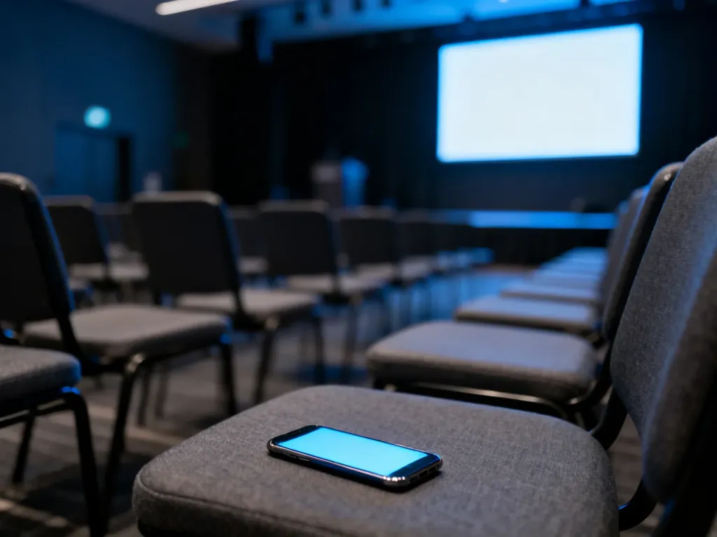 Puste krzesła w sali konferencyjnej z podświetlonymi ekranami smartfonów, symbolizujące brak uwagi słuchaczy podczas wykładu.