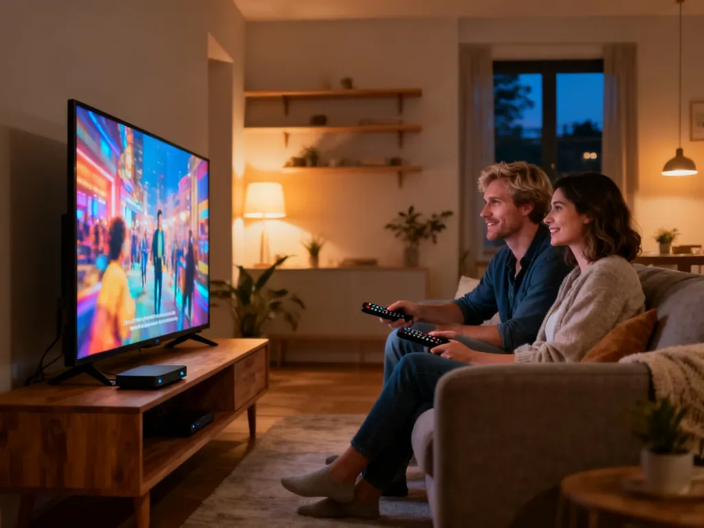 Para w salonie porównuje piloty i przystawkę streamingową, siedząc przed dużym telewizorem w nowocześnie urządzonym wnętrzu.