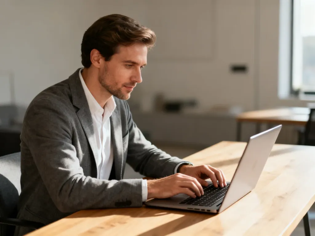 Profesjonalista pracujący na laptopie w nowoczesnym biurze domowym, ilustrujący specyfikę pracy w modelu B2B.