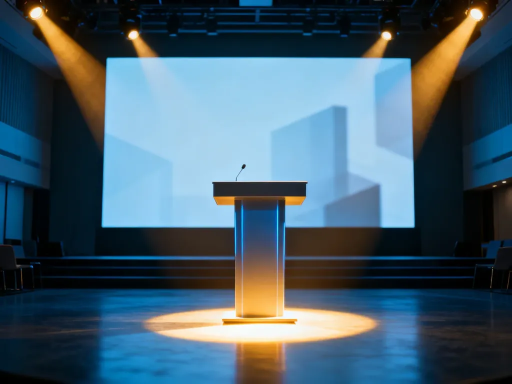 Nowoczesna scena konferencyjna z podświetlaną mównicą, gotowa na rozpoczęcie profesjonalnej prezentacji.