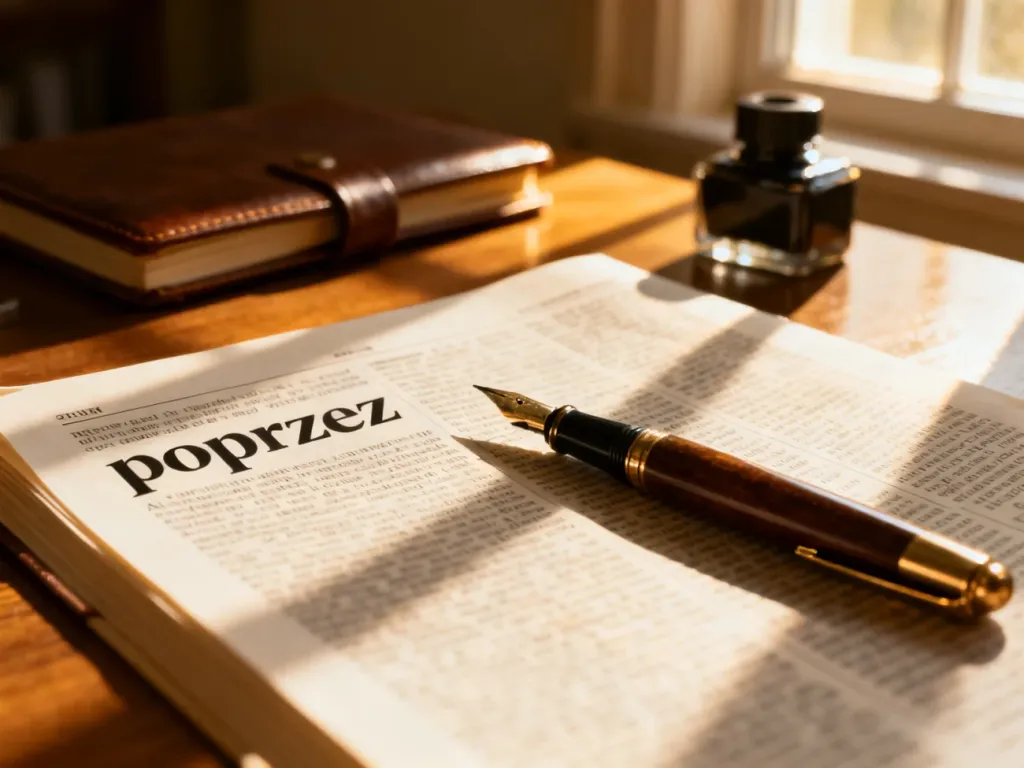 Wieczne pióro leżące na otwartym słowniku z wyeksponowanym hasłem „poprzez”.