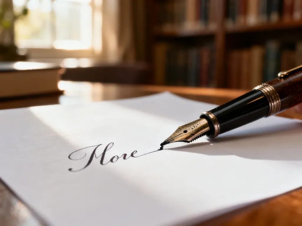 Eleganckie pióro wieczne na czystej kartce papieru w przytulnym wnętrzu biblioteki, symbolizujące staranne pisanie.