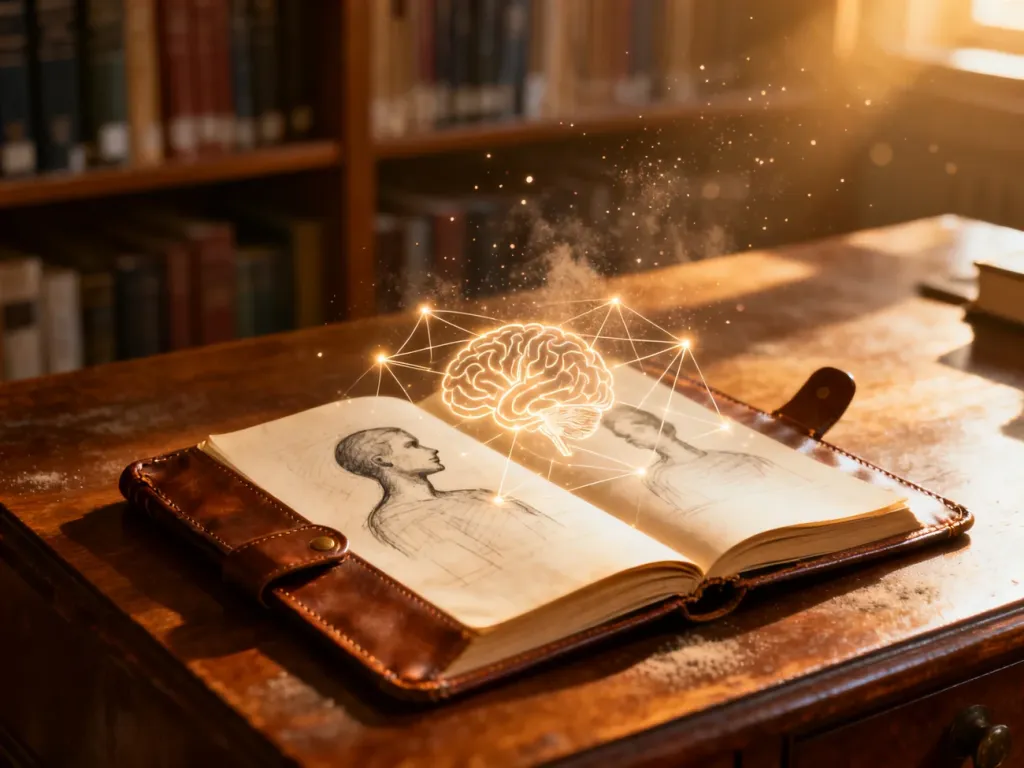 Otwarte notatnik z rysunkami sieci neuronowych na tle biblioteki, symbolizujące procesy myślowe i pracę nad pamięcią.