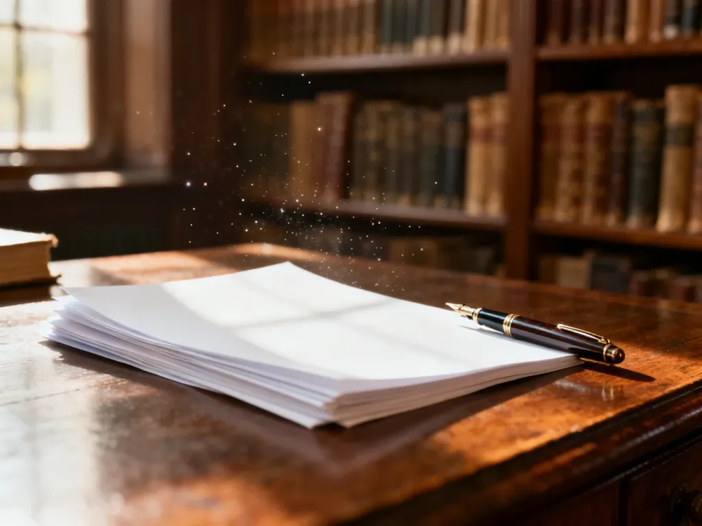 Stare pióro i stos papieru na drewnianym biurku w bibliotece, tworzące atmosferę sprzyjającą pisaniu i nauce.