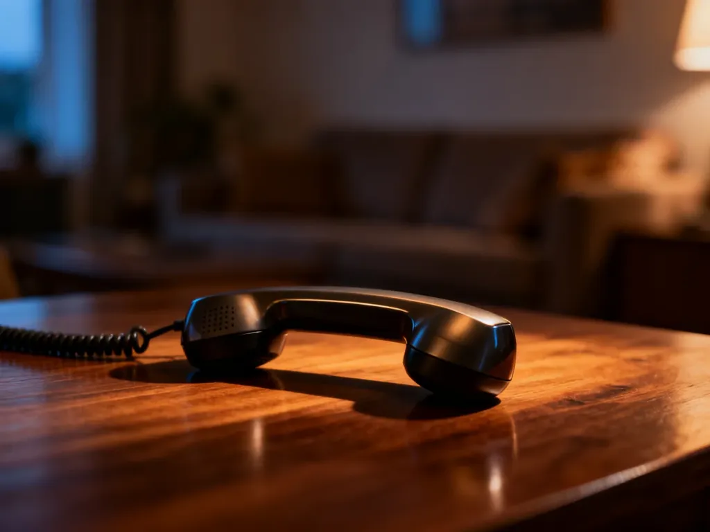 Stylowa słuchawka telefoniczna leżąca na drewnianym stole w przytulnym, wieczornym wnętrzu.