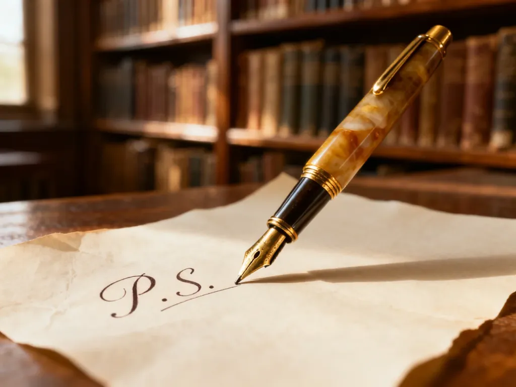 Odręcznie napisany dopisek „P.S.” piórem wiecznym na pergaminie, podkreślający tradycyjny sposób prowadzenia korespondencji.