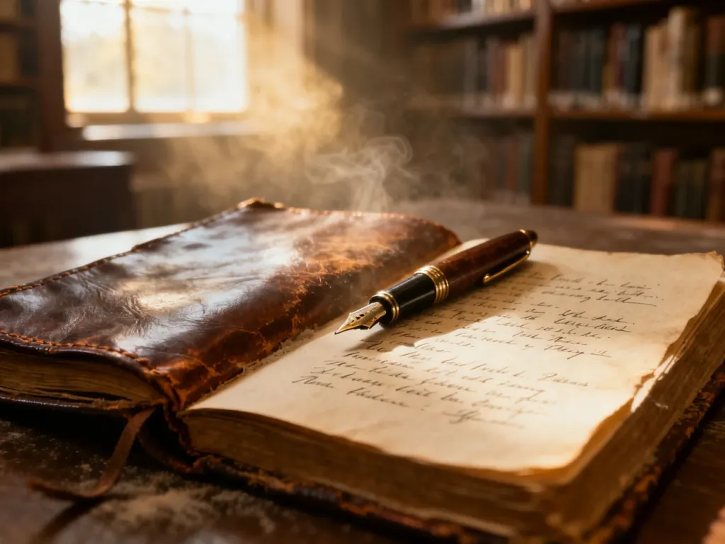 Stare pióro wieczne na otwartym notatniku z poezją w przytulnej bibliotece, nawiązujące do tworzenia tekstów lirycznych.