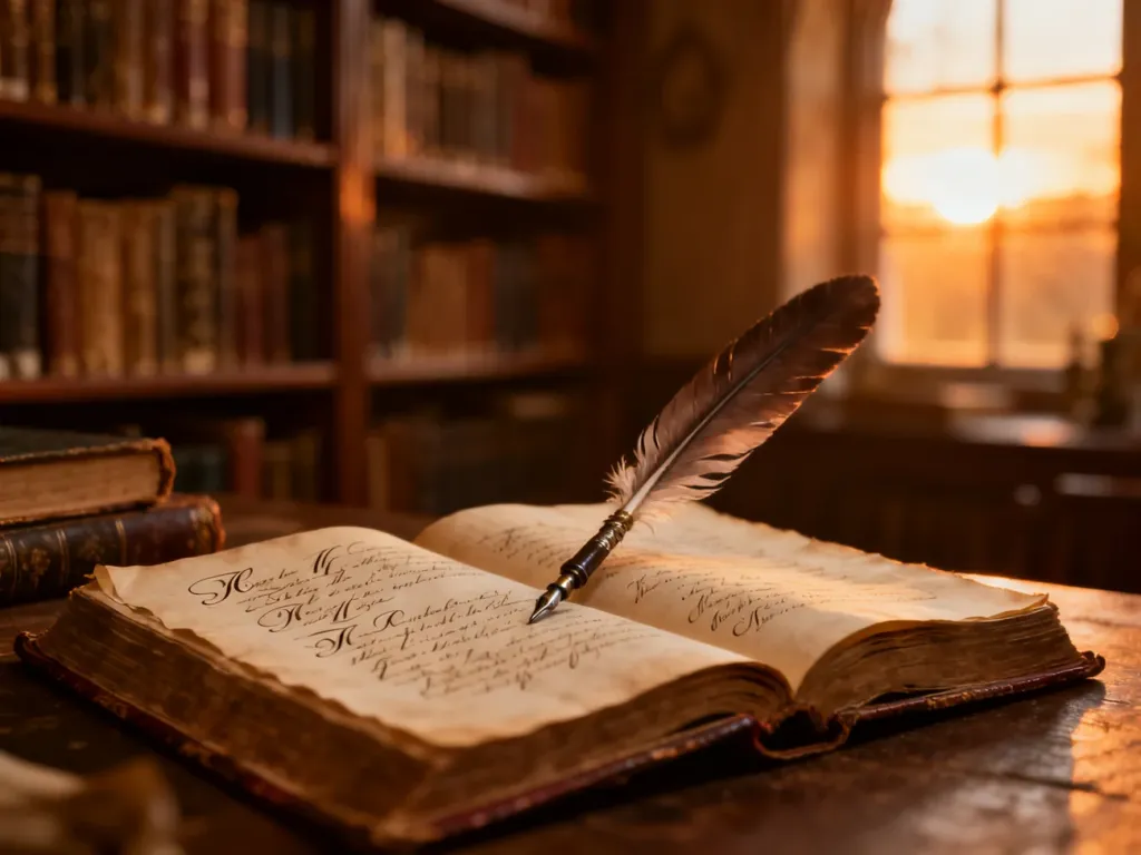 Otwarta zabytkowa księga z piórem na tle biblioteki, symbolizująca piękno literatury i bogactwo języka.
