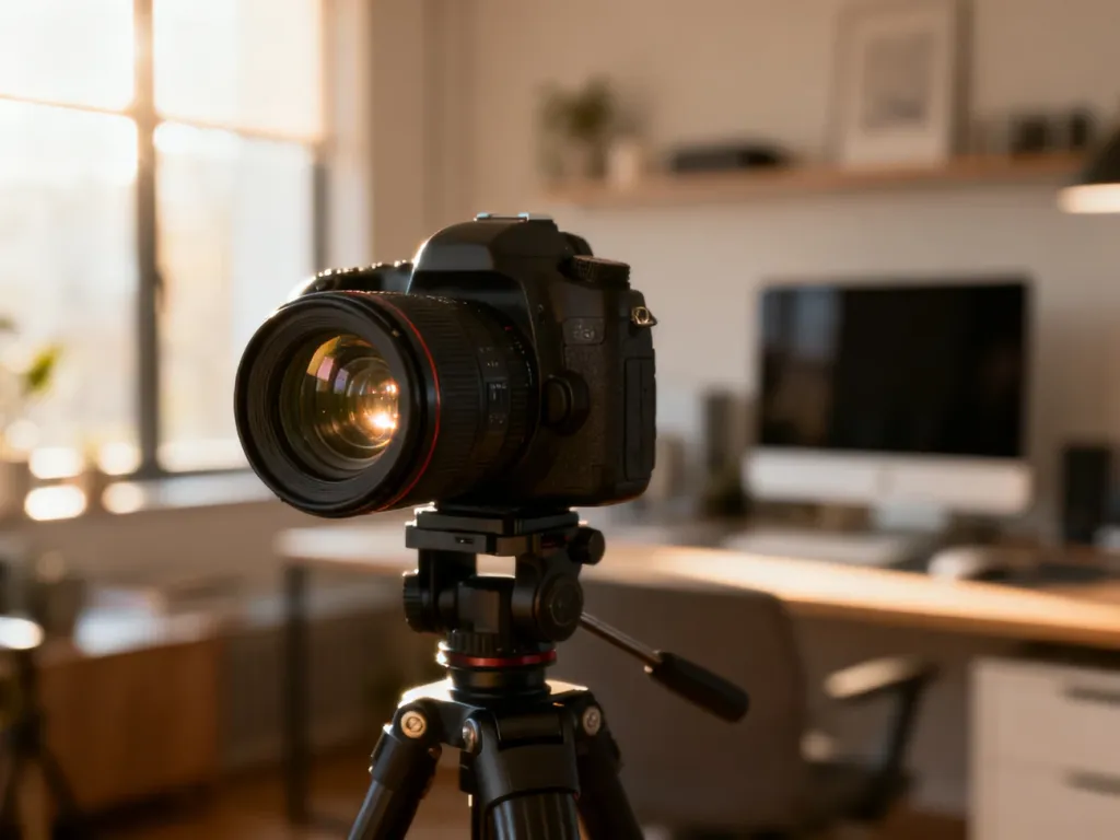 Profesjonalny sprzęt wideo w domowym studio, przygotowany do nagrywania wysokiej jakości materiałów.