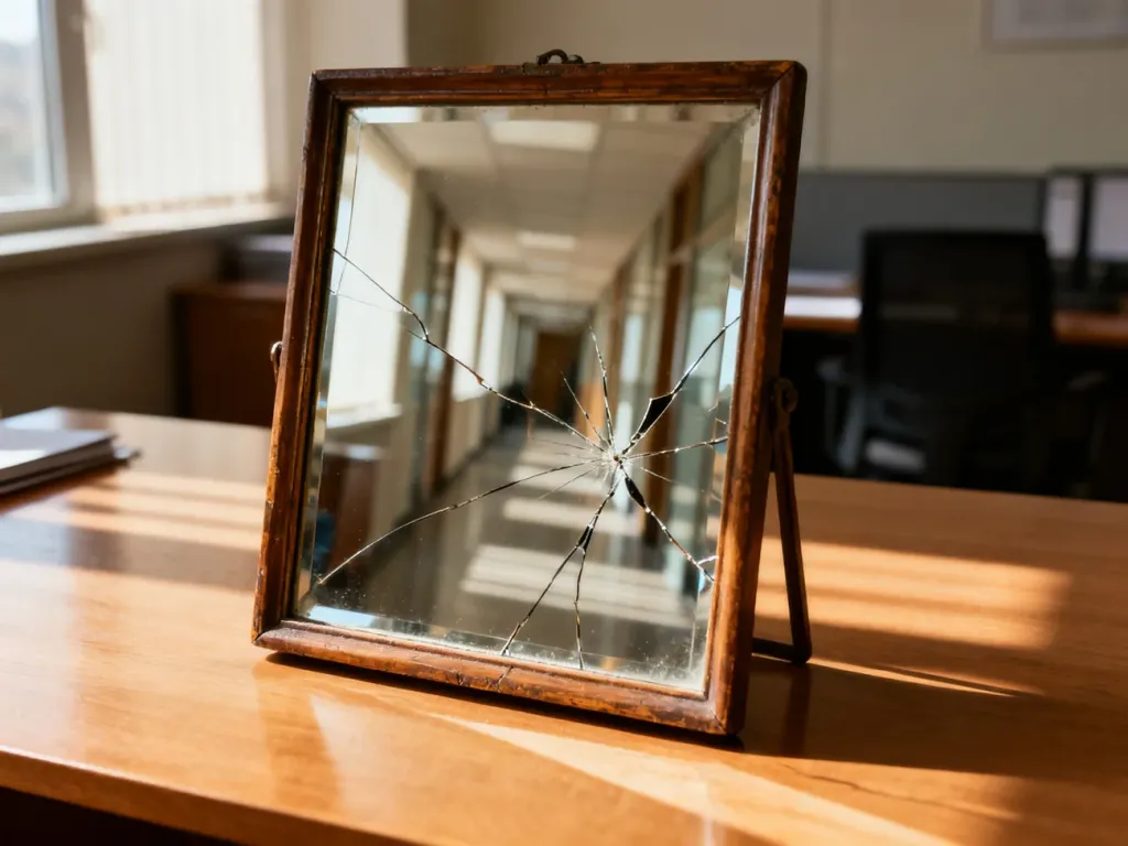 Pęknięte lustro na drewnianym stole, w którym odbija się zniekształcony korytarz biurowy, symbolizujące refleksję nad wizerunkiem.