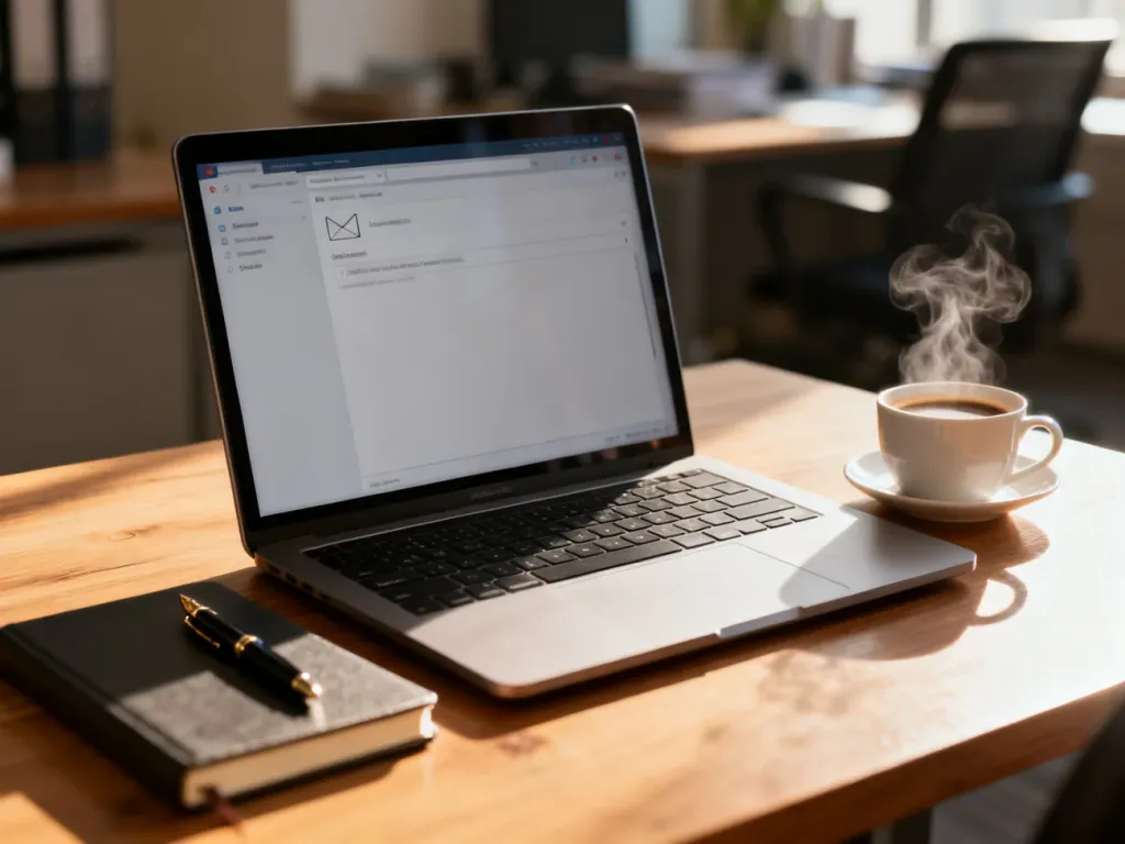 Nowoczesne stanowisko pracy z laptopem, na którego ekranie widoczny jest szkic wiadomości e-mail.