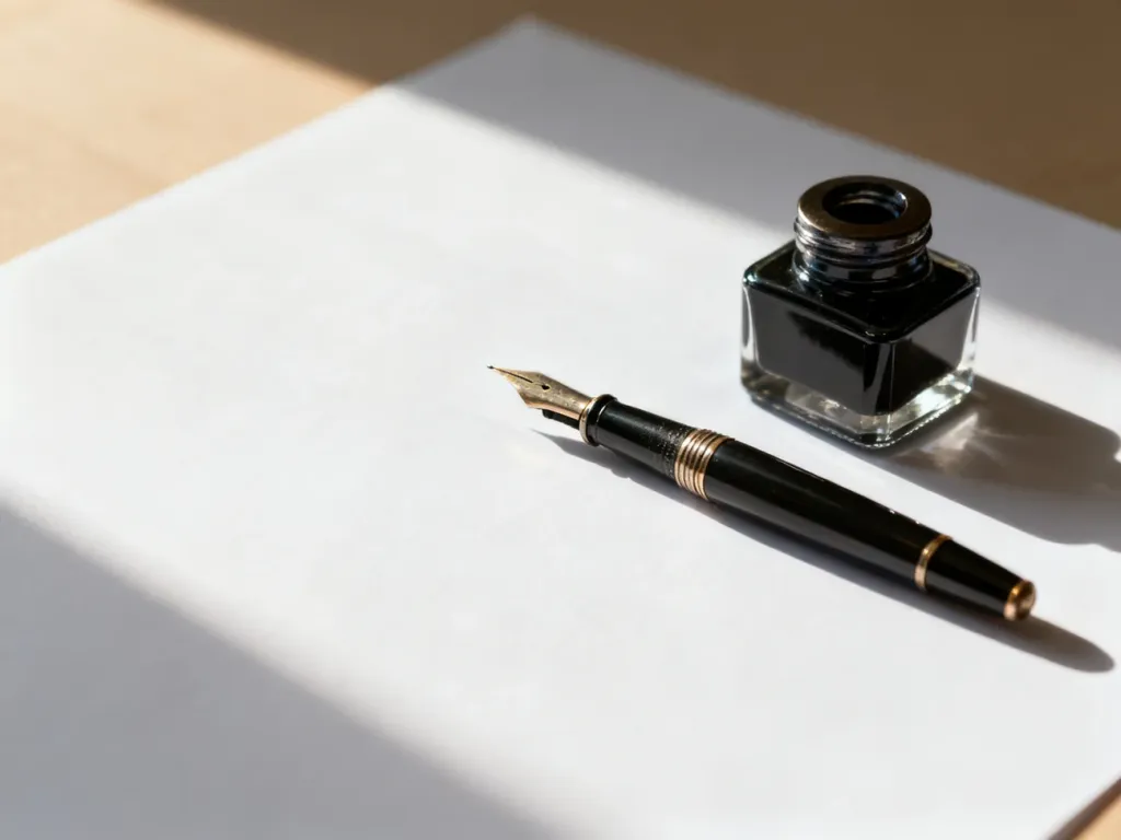 Eleganckie wieczne pióro i kałamarz na czystej kartce papieru, symbolizujące proces pisania i dbałość o poprawność językową.
