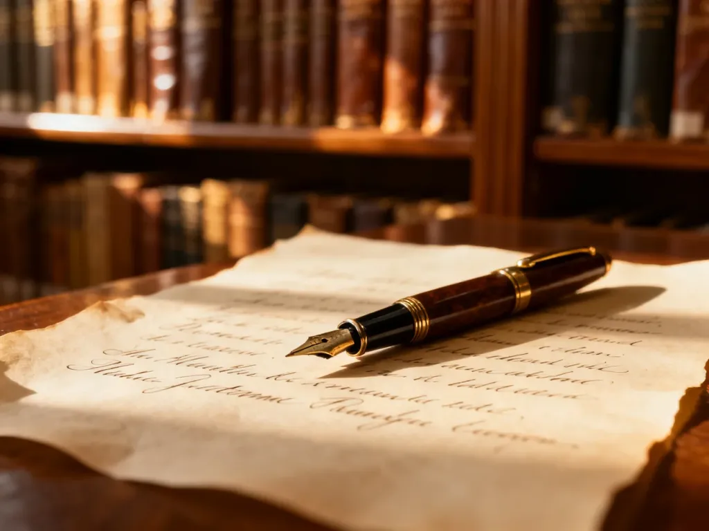 Eleganckie pióro wieczne na pergaminie z odręcznym pismem w przytulnym wnętrzu biblioteki.