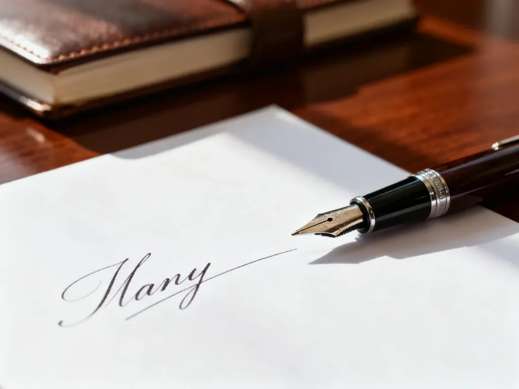 Eleganckie pióro wieczne spoczywające na białej kartce papieru z odręcznym pismem, podkreślające temat poprawnej pisowni.