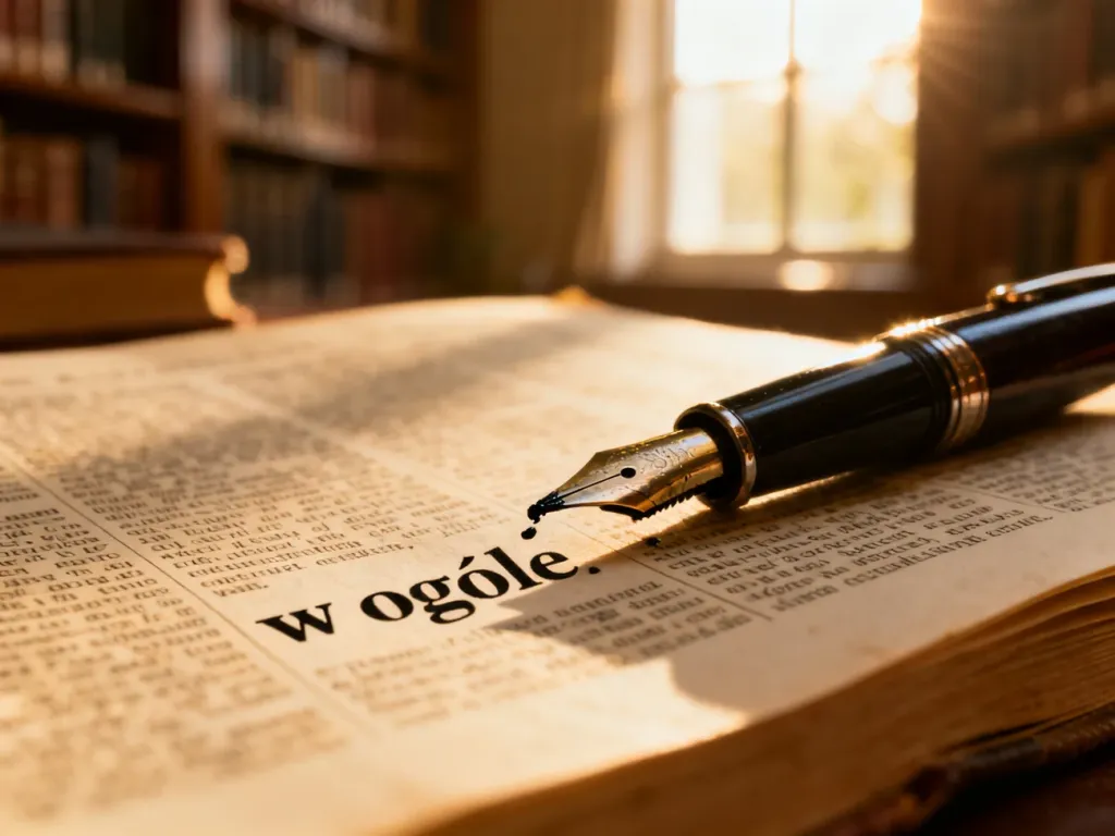 Wieczne pióro spoczywające na otwartym słowniku, wskazujące na hasło „w ogóle”. Ilustracja do artykułu o poprawnej pisowni.