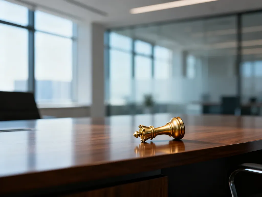 Złota figura króla leżąca na biurku, symbolizująca utratę autorytetu i kontroli w nowoczesnym środowisku biurowym.