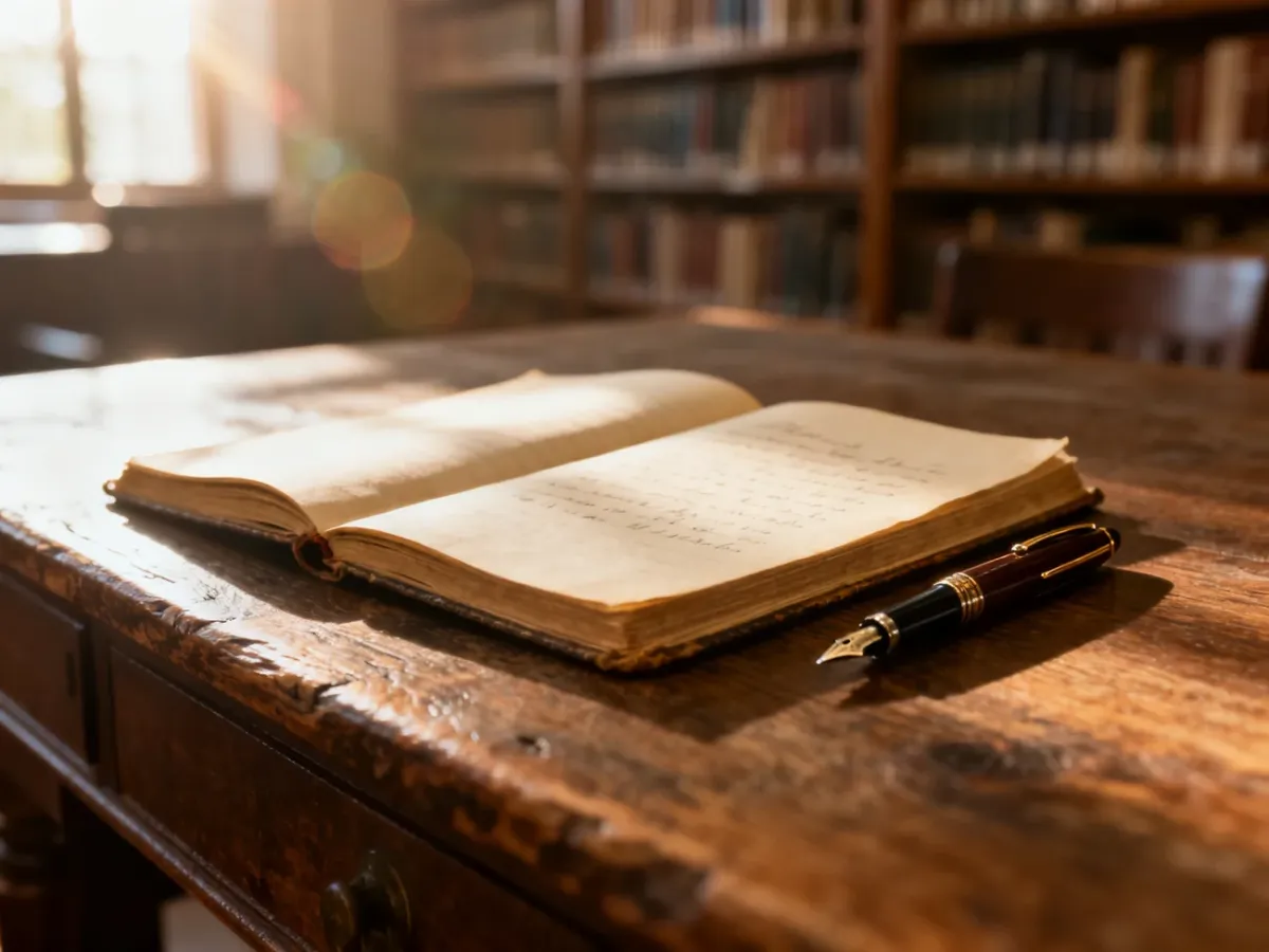 Elegancki notes z piórem na drewnianym biurku w promieniach porannego słońca, zachęcający do pisania.