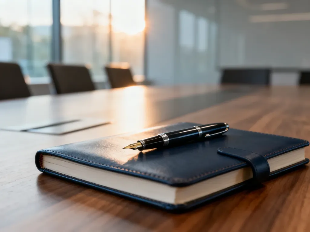 Skórzany notatnik z piórem na biurku w profesjonalnym biurze, symbolizujący organizację i przygotowanie do pracy.